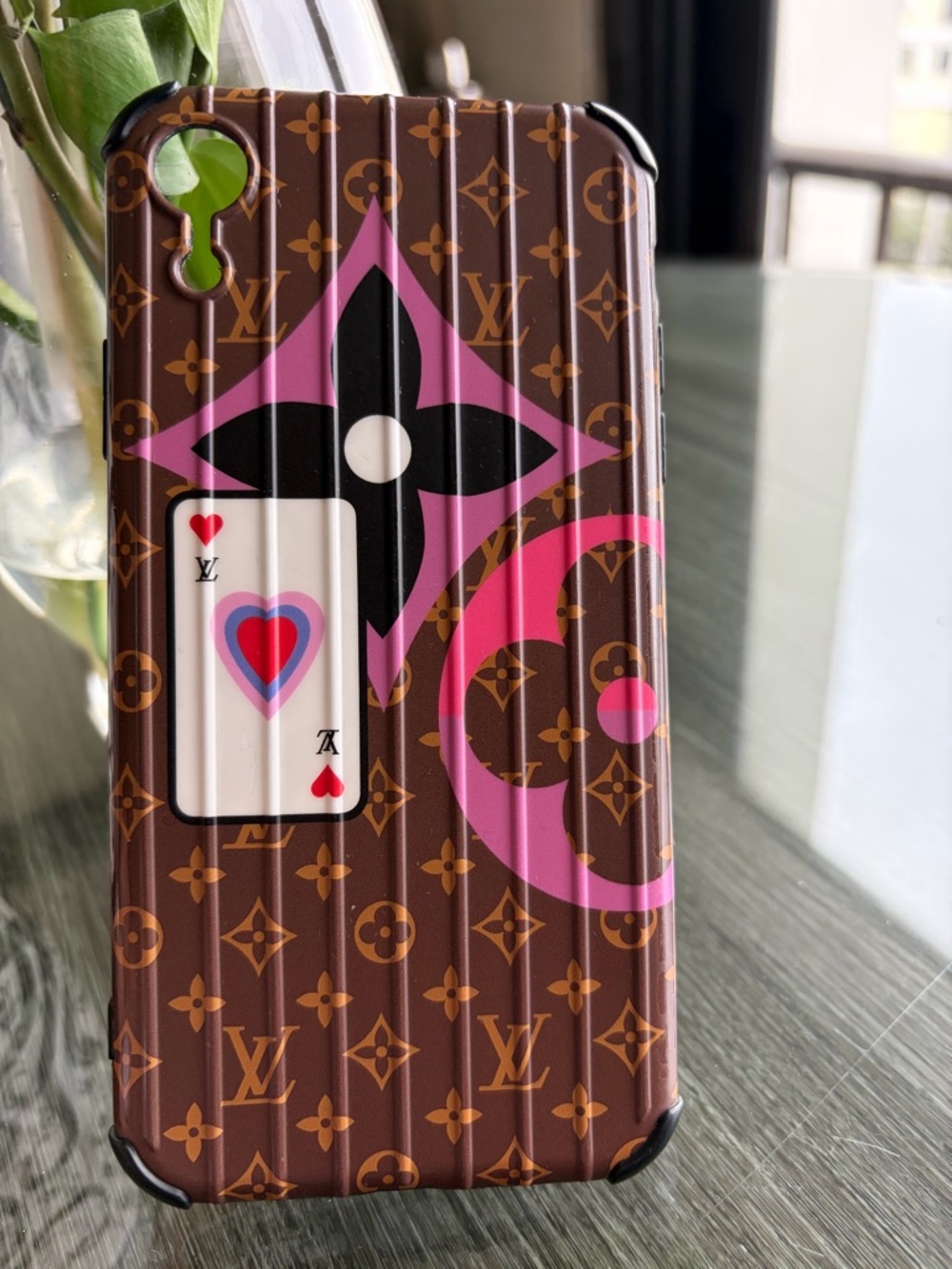 Louis Vuitton Brown Monogram Phone Case with Pink and Black Accents